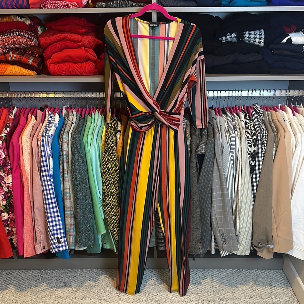 Express multicolored striped 3/4 sleeve elastic waistband v neck jumpsuit XS